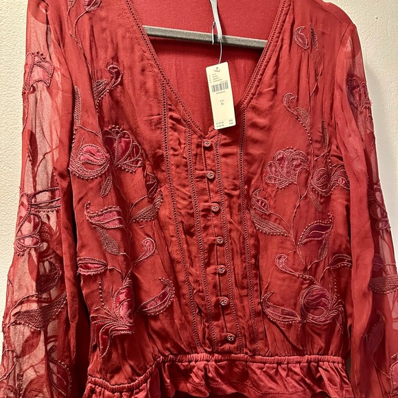NWT Anthropologie Deep Red Embroidered Button Down Top - Picture 8 of 9